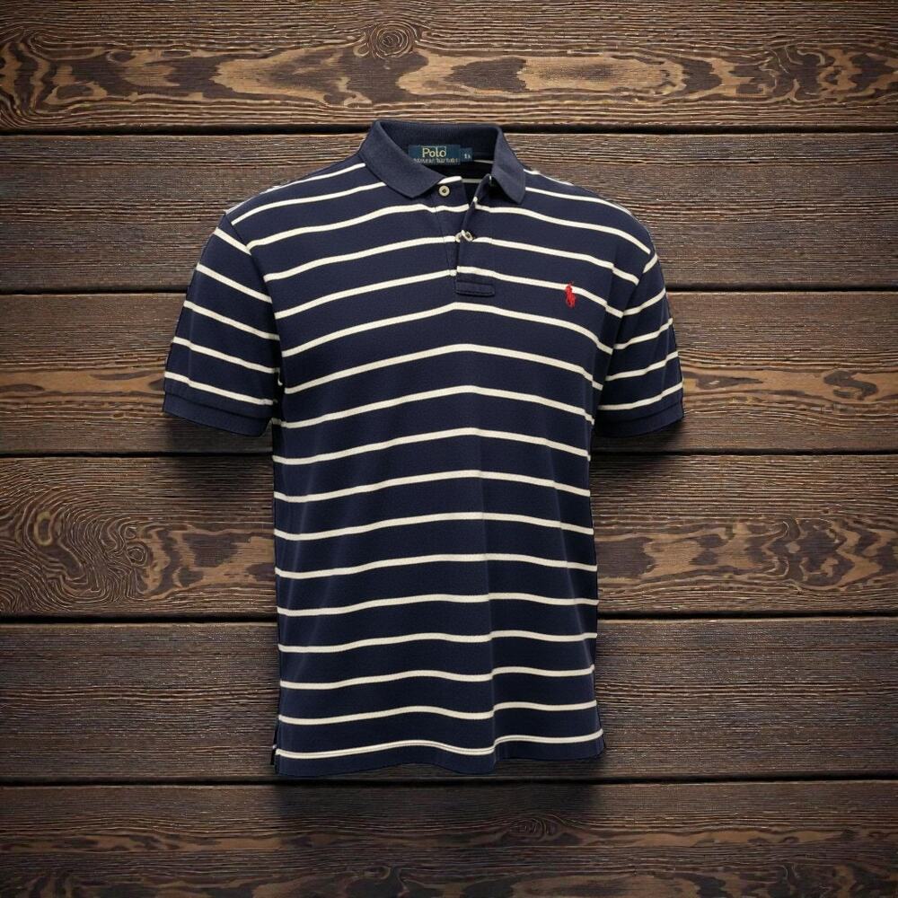 Polo Ralph Lauren Men’s Navy Blue Striped Polo Shirt Red Pony Logo Size XL
